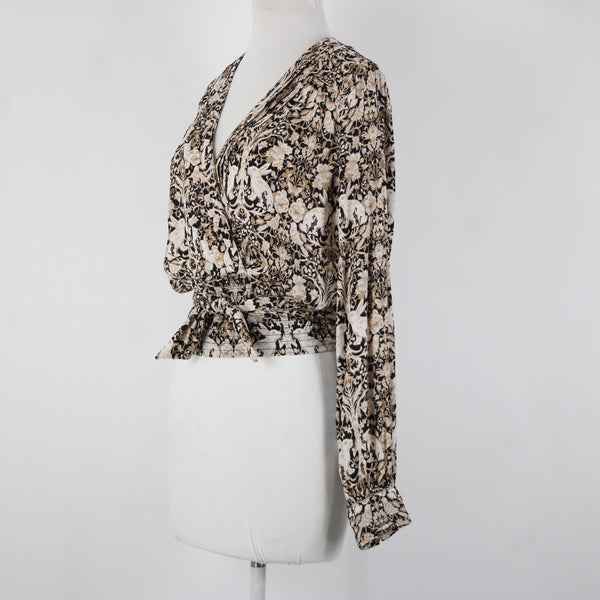 Anthropologie NEW $80 Sz S Brown Black White V Neck Bunnies Birds 100% Poly Top