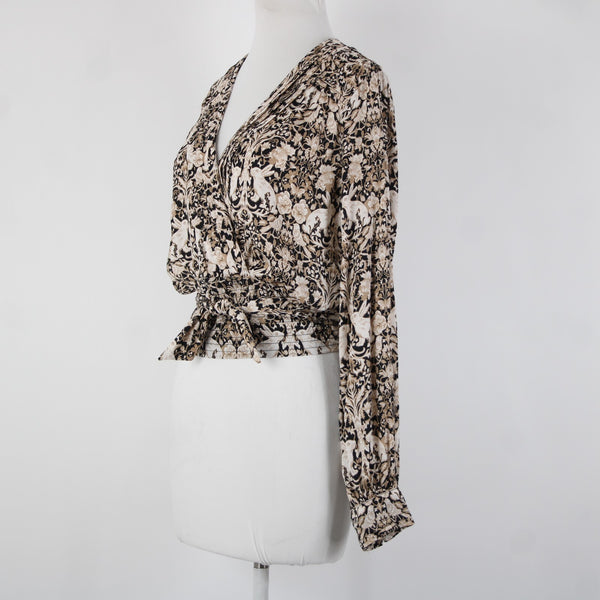 Anthropologie NEW $80 Sz S Brown Black White V Neck Bunnies Birds 100% Poly Top