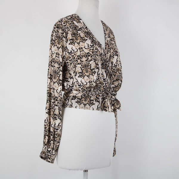 Anthropologie NEW $80 Sz S Brown Black White V Neck Bunnies Birds 100% Poly Top
