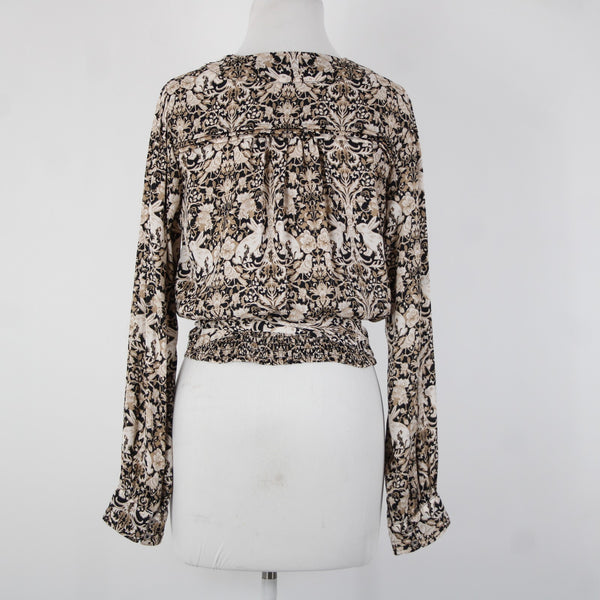 Anthropologie NEW $80 Sz S Brown Black White V Neck Bunnies Birds 100% Poly Top