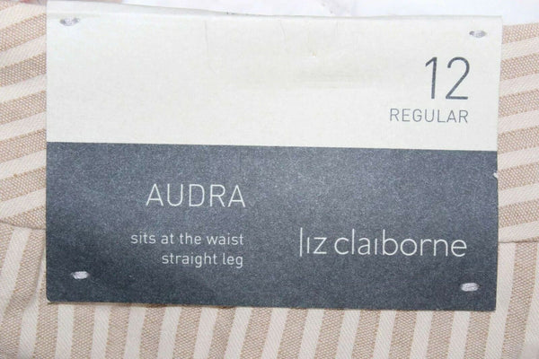 Liz Claiborne NEW $69 Audra Sz 12 x 32 Tan Cream 100% Cotton Striped Pant
