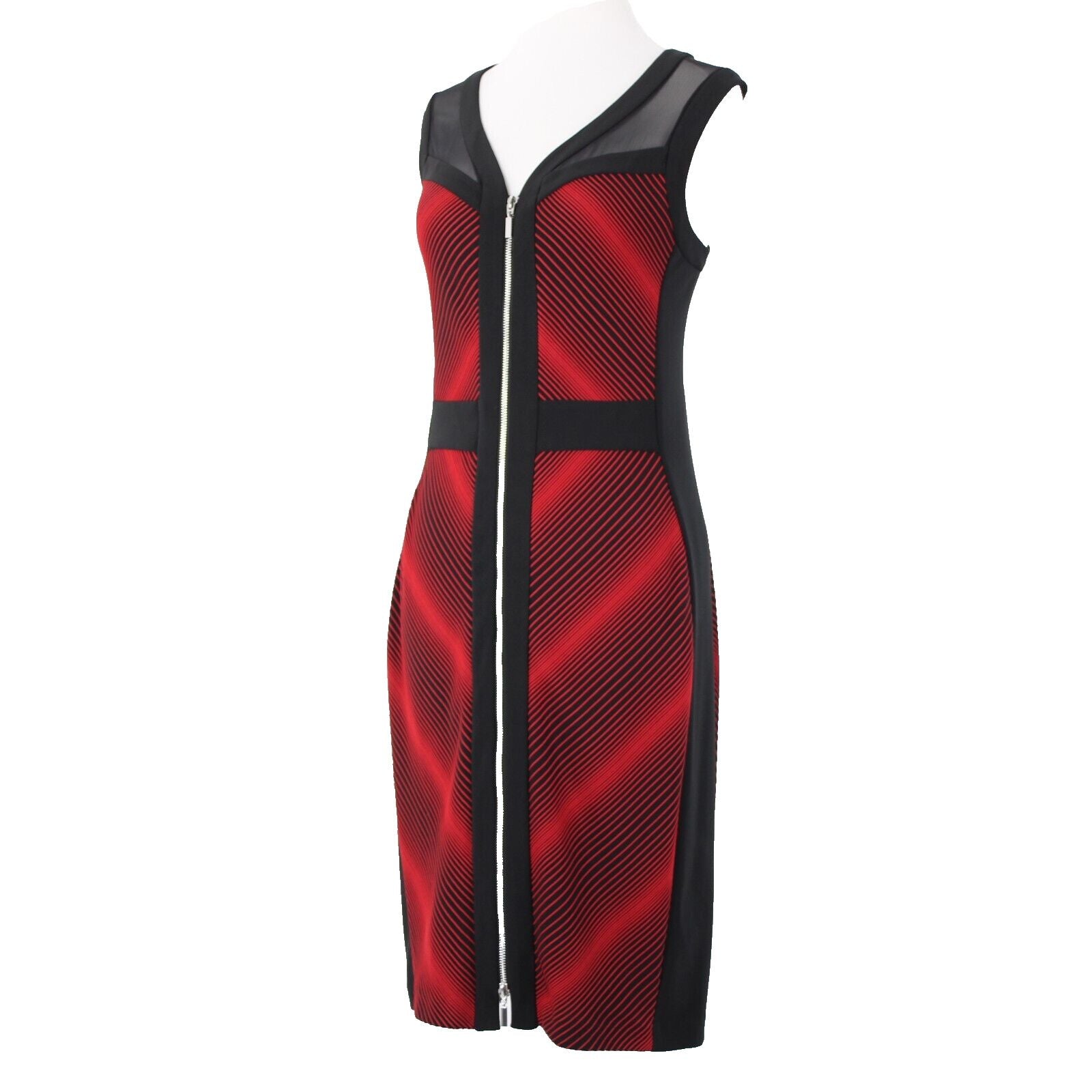 Joseph Ribkoff Sz 12 Black Red Bodycon Zip V Neck Unlined Polyester Rayon Dress