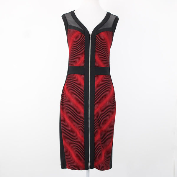 Joseph Ribkoff Sz 12 Black Red Bodycon Zip V Neck Unlined Polyester Rayon Dress