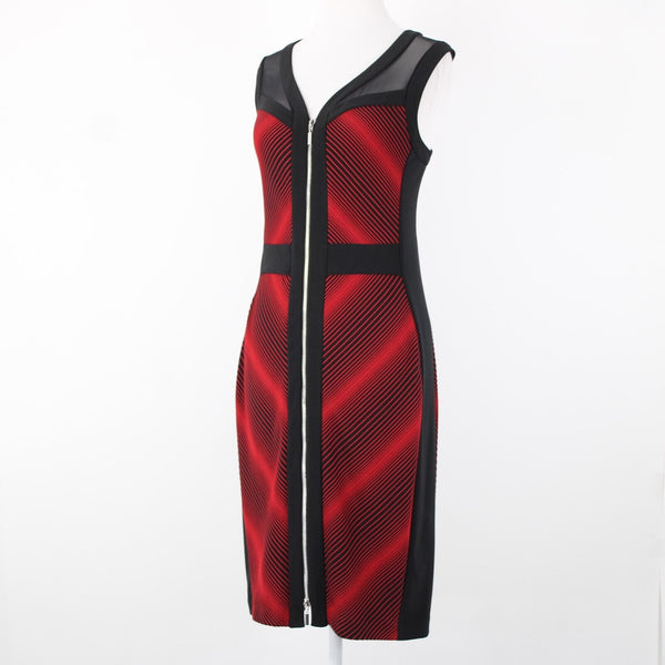 Joseph Ribkoff Sz 12 Black Red Bodycon Zip V Neck Unlined Polyester Rayon Dress