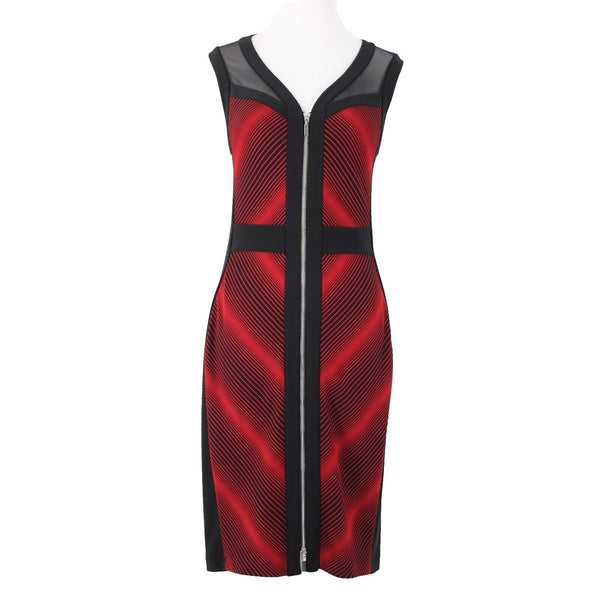 Joseph Ribkoff Sz 12 Black Red Bodycon Zip V Neck Unlined Polyester Rayon Dress