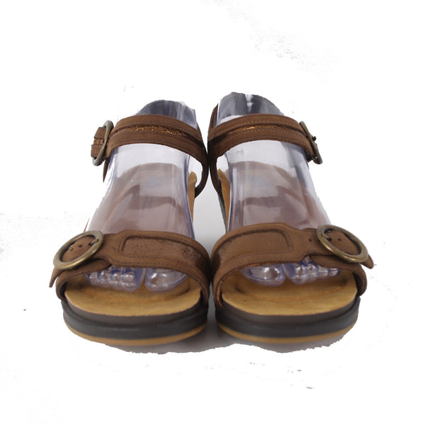 SAS Wedge Sandals Sz 9.5 W Brown Bronze Buckle Open Toe Leather 2" Wedge Sandal