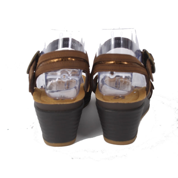 SAS Wedge Sandals Sz 9.5 W Brown Bronze Buckle Open Toe Leather 2" Wedge Sandal
