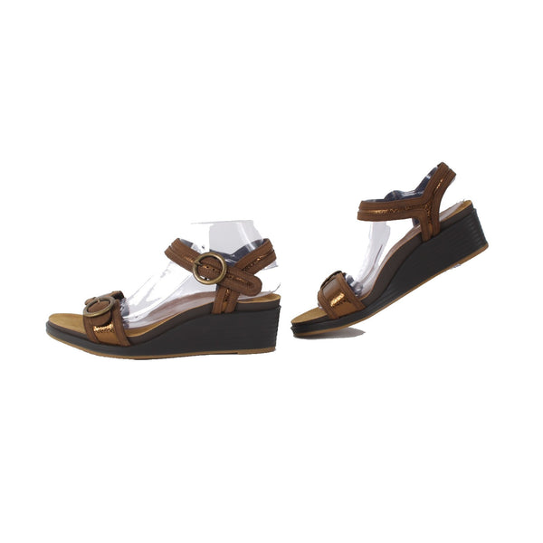 SAS Wedge Sandals Sz 9.5 W Brown Bronze Buckle Open Toe Leather 2" Wedge Sandal