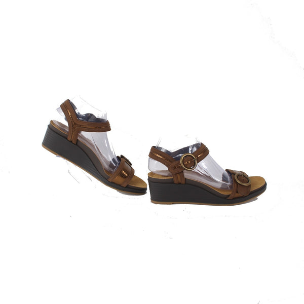 SAS Wedge Sandals Sz 9.5 W Brown Bronze Buckle Open Toe Leather 2" Wedge Sandal