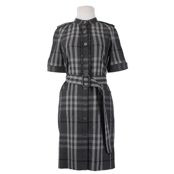 Burberry London Dress Sz 6 Gray Black Plaid Belted Lined Wool Nylon Dress