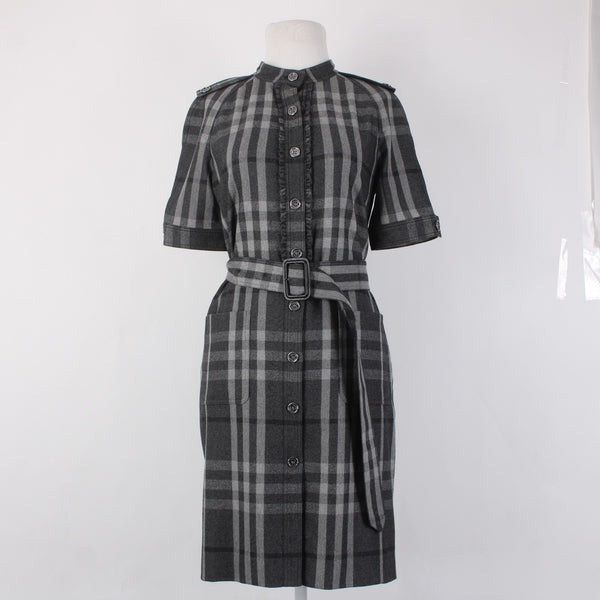 Burberry London Dress Sz 6 Gray Black Plaid Belted Lined Wool Nylon Dress