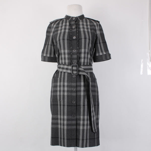 Burberry London Dress Sz 6 Gray Black Plaid Belted Lined Wool Nylon Dress