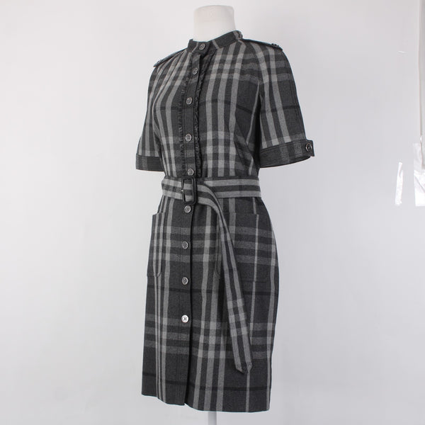 Burberry London Dress Sz 6 Gray Black Plaid Belted Lined Wool Nylon Dress