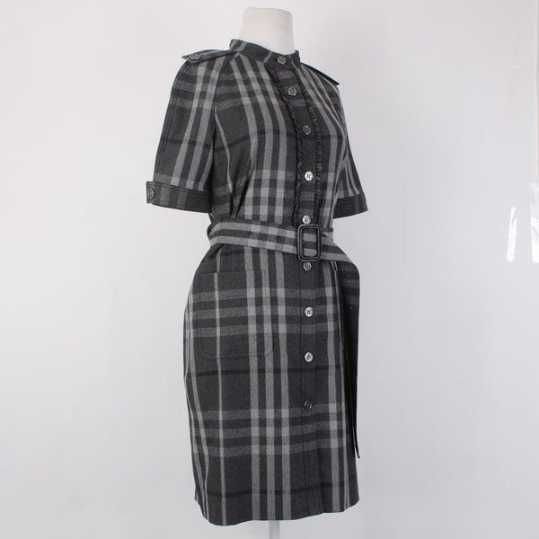 Burberry London Dress Sz 6 Gray Black Plaid Belted Lined Wool Nylon Dress