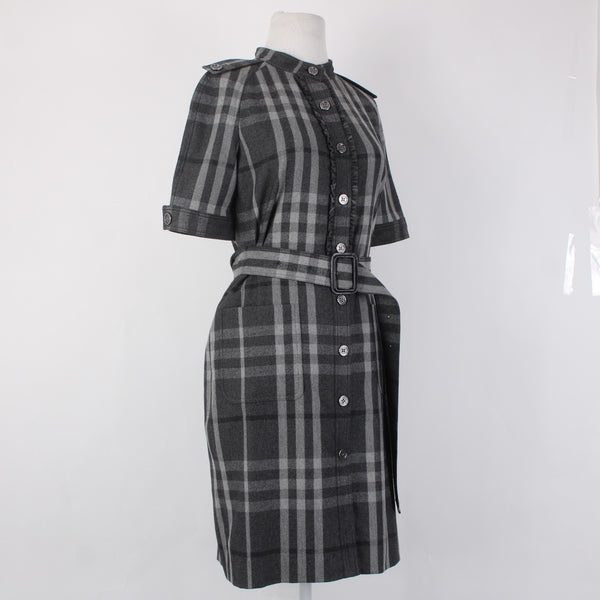 Burberry London Dress Sz 6 Gray Black Plaid Belted Lined Wool Nylon Dress