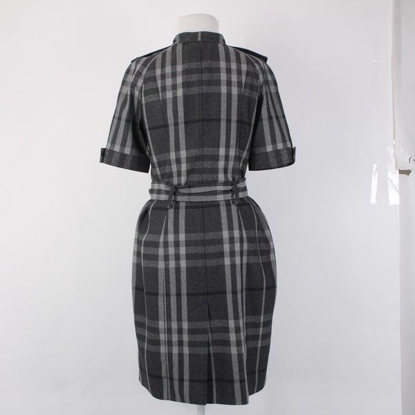 Burberry London Dress Sz 6 Gray Black Plaid Belted Lined Wool Nylon Dress