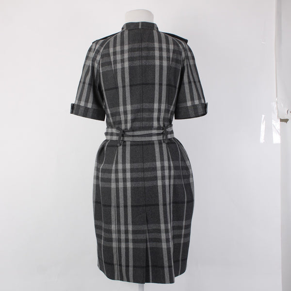 Burberry London Dress Sz 6 Gray Black Plaid Belted Lined Wool Nylon Dress