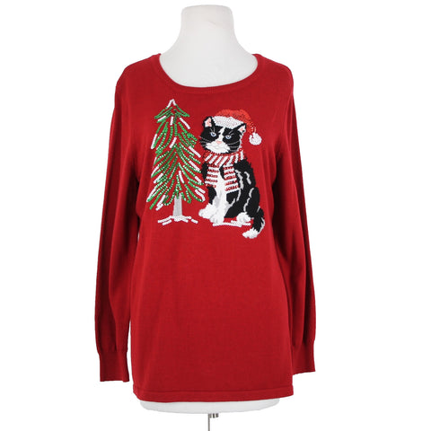 Quaker Factory Sz M Red Multi Sequin Kitty Cat With Xmas Tree Cotton Sweater