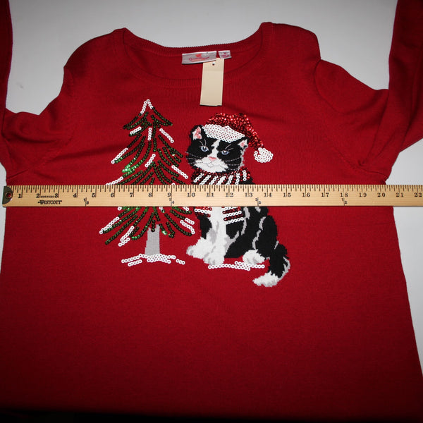 Quaker Factory Sz M Red Multi Sequin Kitty Cat With Xmas Tree Cotton Sweater