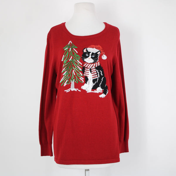 Quaker Factory Sz M Red Multi Sequin Kitty Cat With Xmas Tree Cotton Sweater