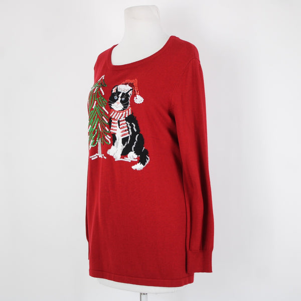 Quaker Factory Sz M Red Multi Sequin Kitty Cat With Xmas Tree Cotton Sweater