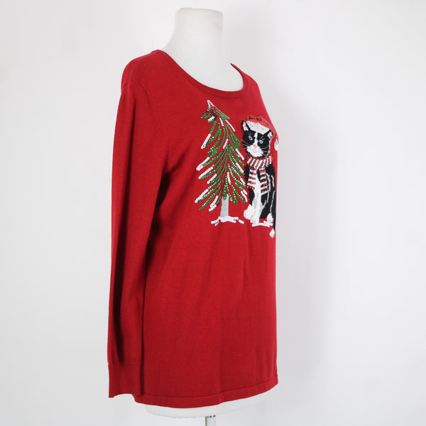 Quaker Factory Sz M Red Multi Sequin Kitty Cat With Xmas Tree Cotton Sweater