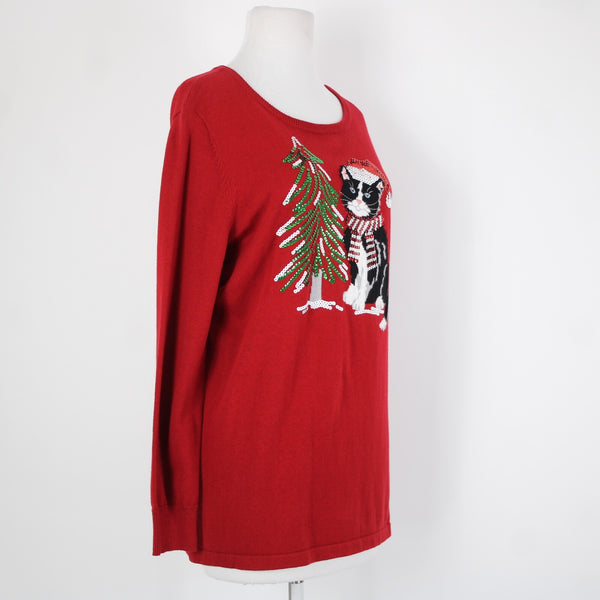 Quaker Factory Sz M Red Multi Sequin Kitty Cat With Xmas Tree Cotton Sweater