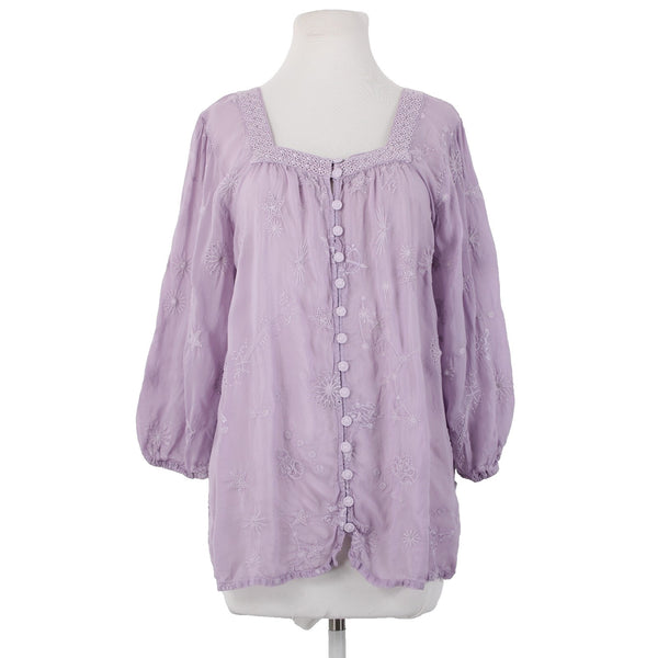 Johnny Was Sz M Lavender Purple Stars Embroidered Bohemian 3/4 Sleeve Rayon Top