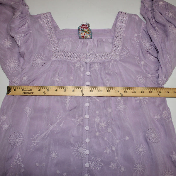 Johnny Was Sz M Lavender Purple Stars Embroidered Bohemian 3/4 Sleeve Rayon Top