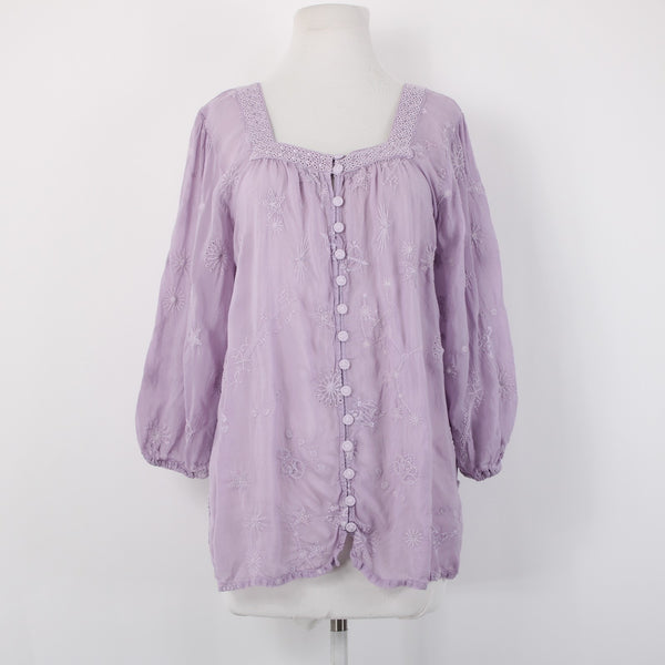 Johnny Was Sz M Lavender Purple Stars Embroidered Bohemian 3/4 Sleeve Rayon Top