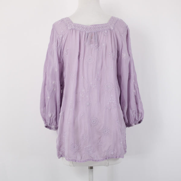 Johnny Was Sz M Lavender Purple Stars Embroidered Bohemian 3/4 Sleeve Rayon Top