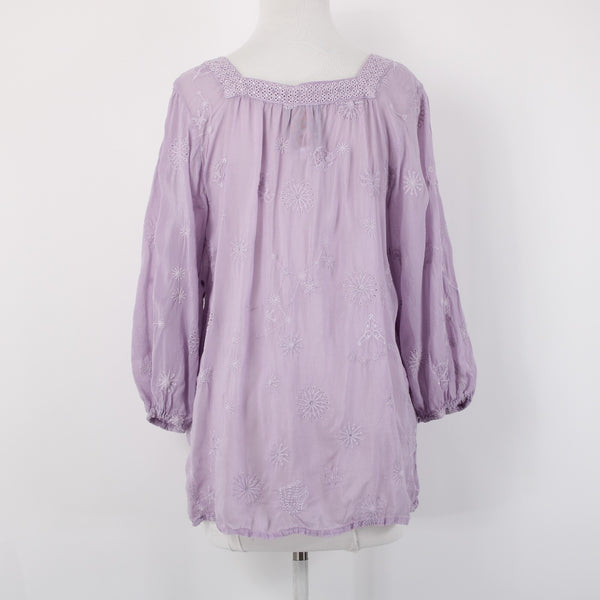 Johnny Was Sz M Lavender Purple Stars Embroidered Bohemian 3/4 Sleeve Rayon Top
