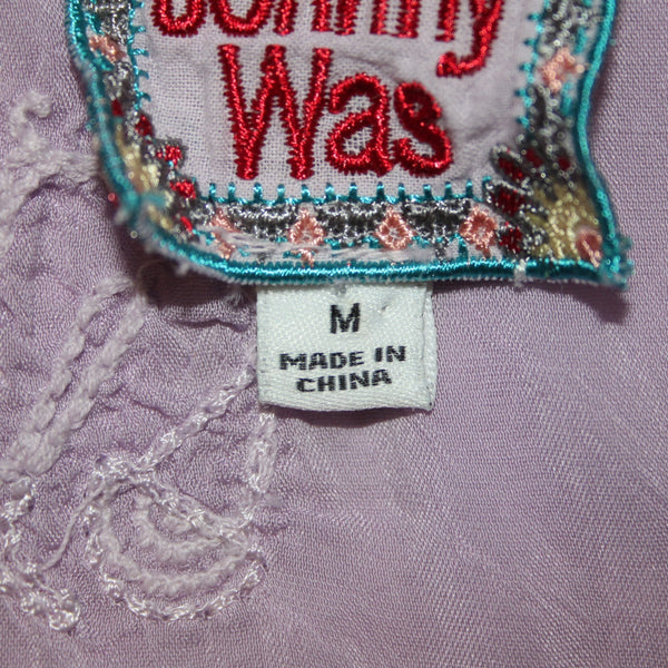 Johnny Was Sz M Lavender Purple Stars Embroidered Bohemian 3/4 Sleeve Rayon Top