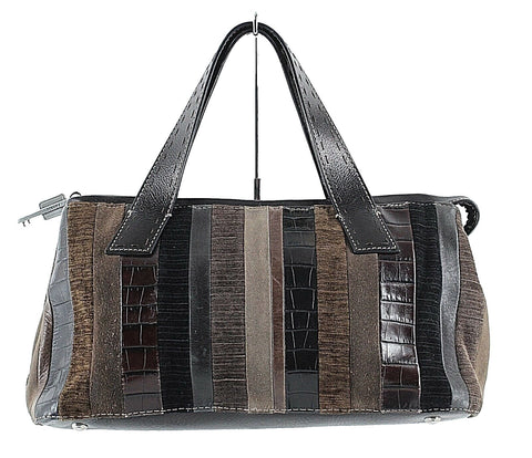 Fossil 6.5 x 12.5 x 4 Brown Taupe Multi Leather Fabric Zip Top Purse