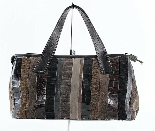 Fossil 6.5 x 12.5 x 4 Brown Taupe Multi Leather Fabric Zip Top Purse