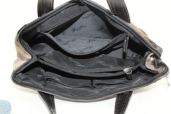 Fossil 6.5 x 12.5 x 4 Brown Taupe Multi Leather Fabric Zip Top Purse