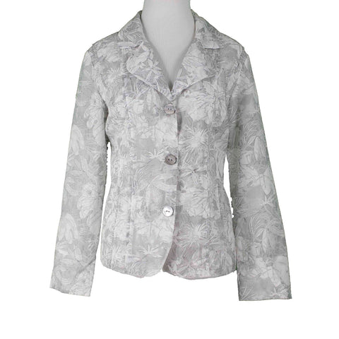 Chicos Sz 1 Gray White Floral Burnout Polyester Lined Rayon Nylon Jacket