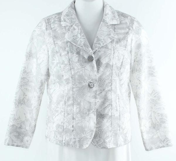 Chicos Sz 1 Gray White Floral Burnout Polyester Lined Rayon Nylon Jacket
