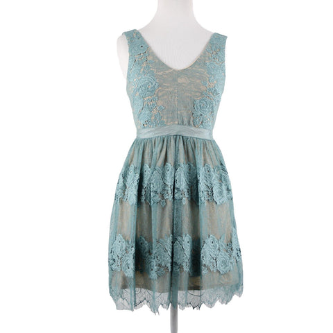 Francescas Sz XXS Blue Tan Lace Lined V Neck Sleeveless 100% Nylon/Poly Dress