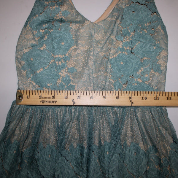 Francescas Sz XXS Blue Tan Lace Lined V Neck Sleeveless 100% Nylon/Poly Dress