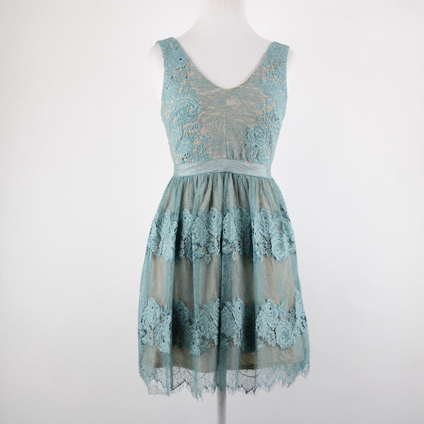 Francescas Sz XXS Blue Tan Lace Lined V Neck Sleeveless 100% Nylon/Poly Dress