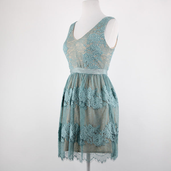 Francescas Sz XXS Blue Tan Lace Lined V Neck Sleeveless 100% Nylon/Poly Dress
