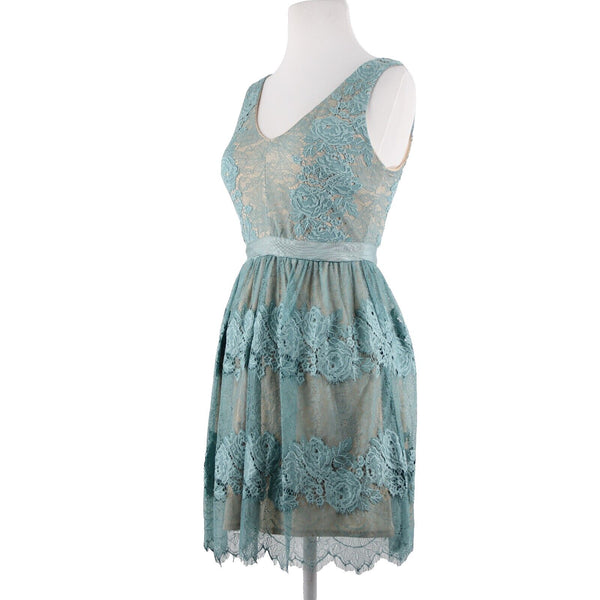 Francescas Sz XXS Blue Tan Lace Lined V Neck Sleeveless 100% Nylon/Poly Dress