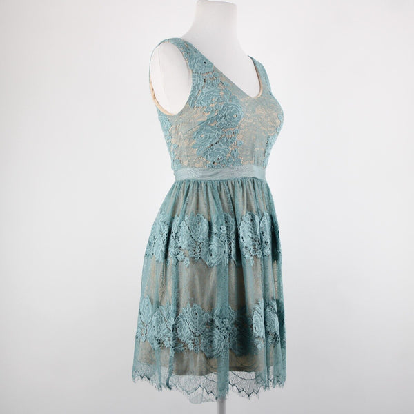 Francescas Sz XXS Blue Tan Lace Lined V Neck Sleeveless 100% Nylon/Poly Dress