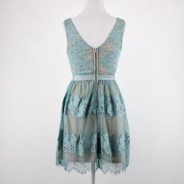 Francescas Sz XXS Blue Tan Lace Lined V Neck Sleeveless 100% Nylon/Poly Dress
