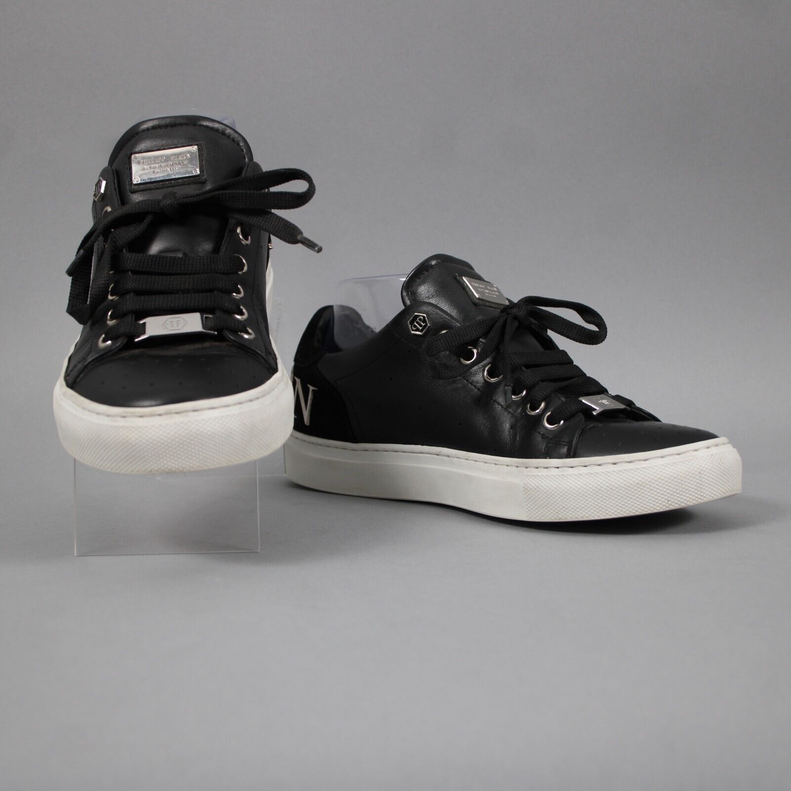 Philipp Plein Sz 38 Black Leather Upper Rubber Sole Silver Logo Tennis Shoes