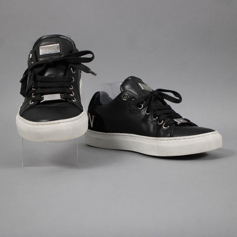 Philipp Plein Sz 38 Black Leather Upper Rubber Sole Silver Logo Tennis Shoes