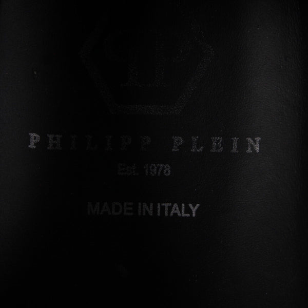 Philipp Plein Sz 38 Black Leather Upper Rubber Sole Silver Logo Tennis Shoes