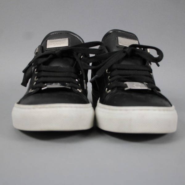 Philipp Plein Sz 38 Black Leather Upper Rubber Sole Silver Logo Tennis Shoes