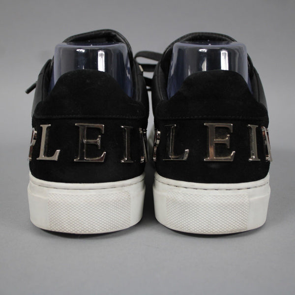 Philipp Plein Sz 38 Black Leather Upper Rubber Sole Silver Logo Tennis Shoes